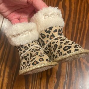 Bebe Tan Leopard Baby Booties with Gold Trim